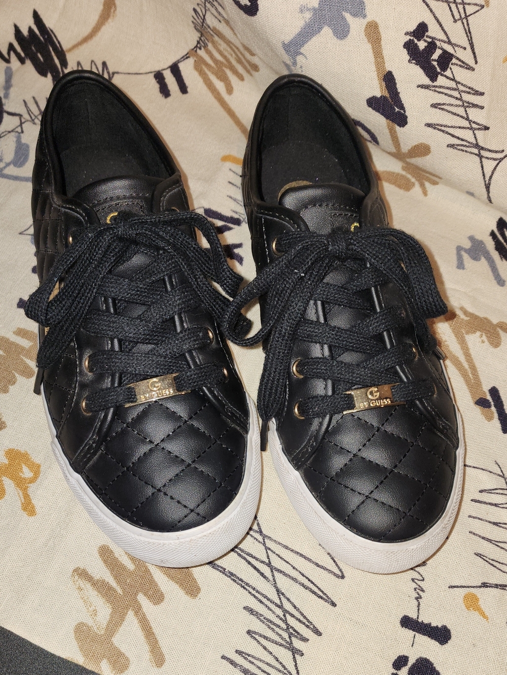 Guess Black Quilted Lace-Up Sneakers with White Soles